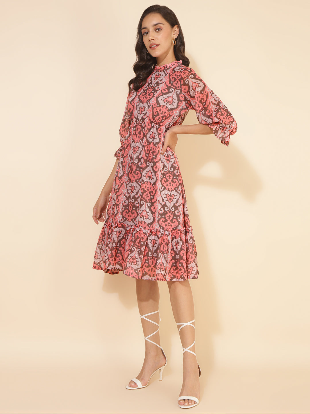 Janasya Women's Peach Dobby Georgette Ikkat Printed Casual Dress | Grocsy