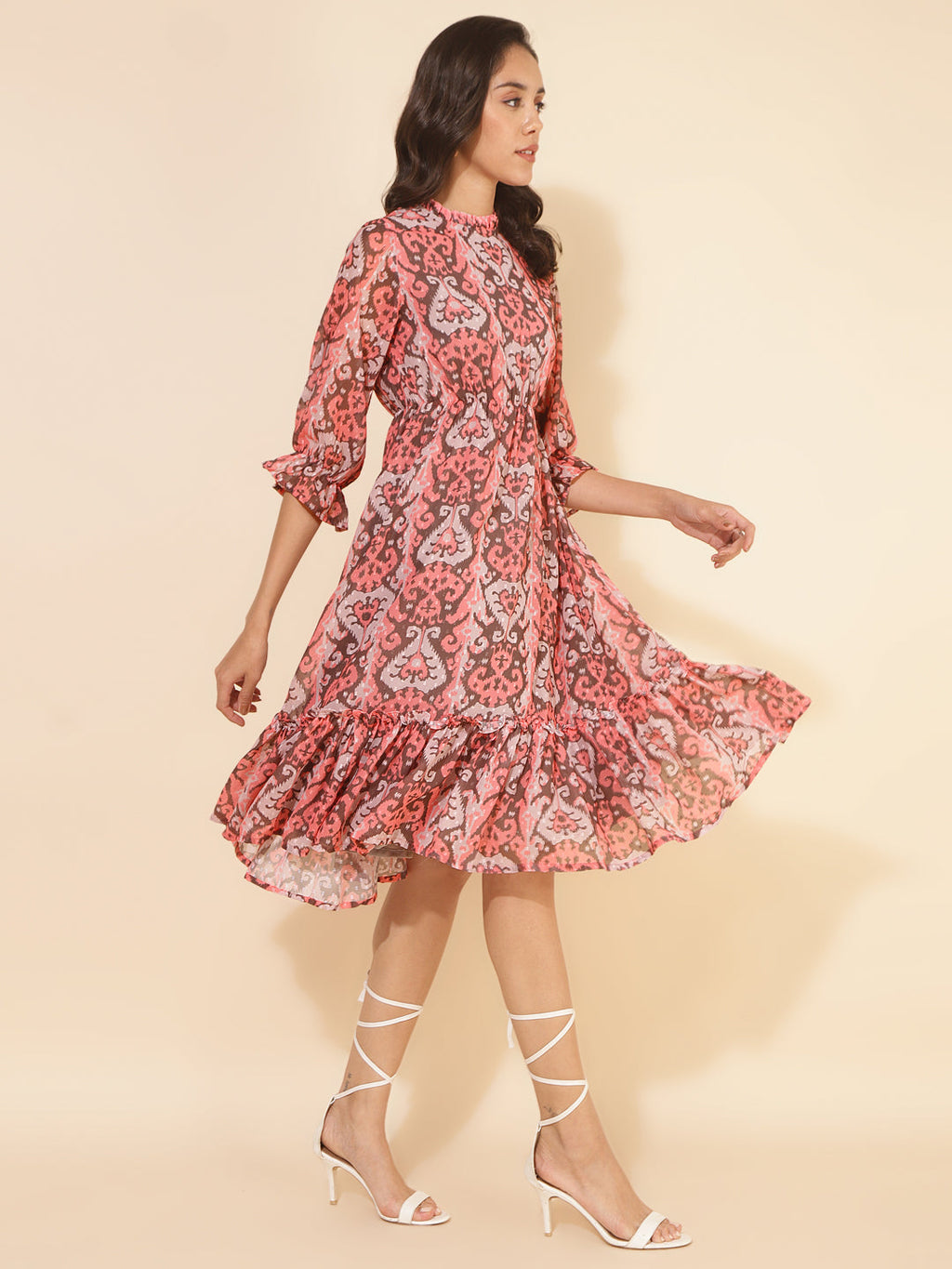 Janasya Women's Peach Dobby Georgette Ikkat Printed Casual Dress | Grocsy