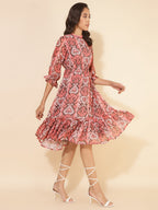 Janasya Women's Peach Dobby Georgette Ikkat Printed Casual Dress | Grocsy