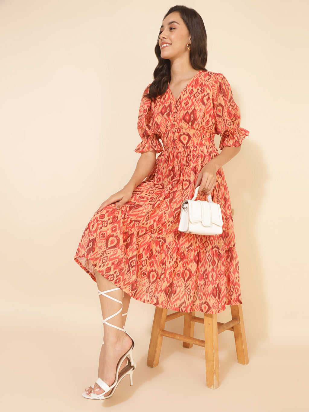 Janasya Women's Mustard Dobby Georgette Ikat Printed Casual Dress | Grocsy