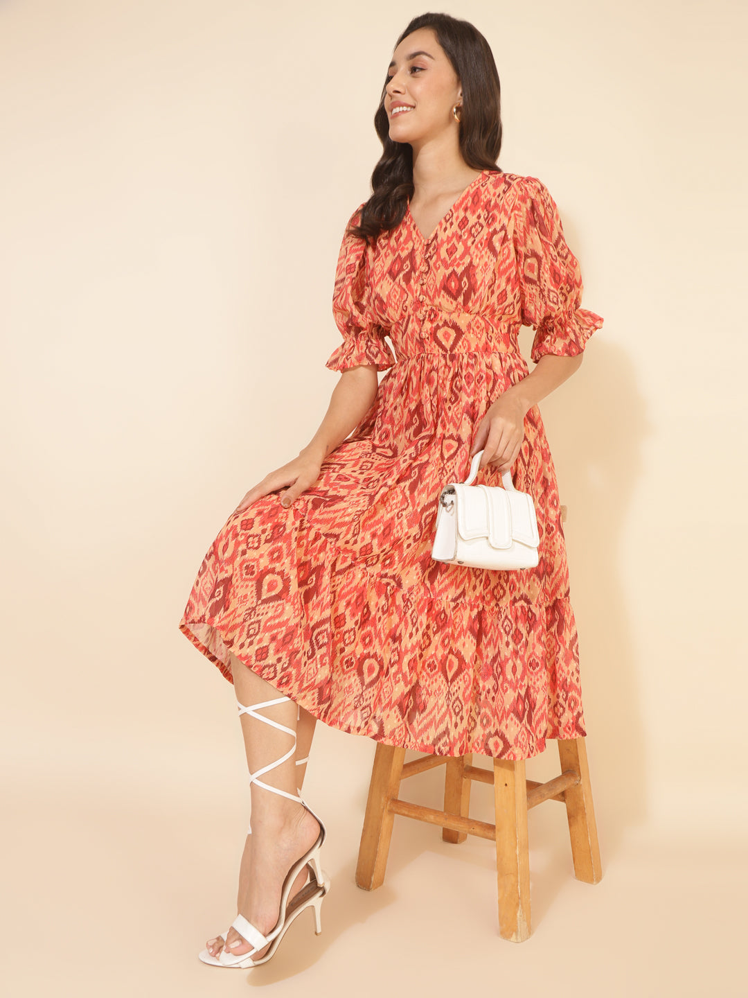 Janasya Women's Mustard Dobby Georgette Ikat Printed Casual Dress | Grocsy