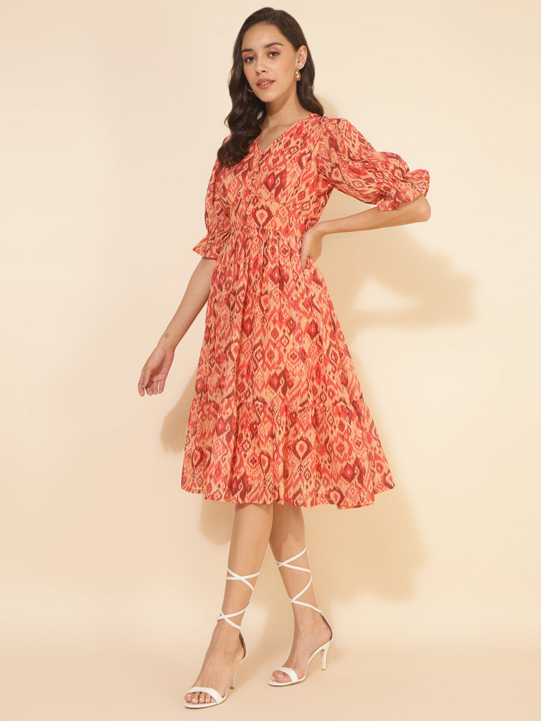 Janasya Women's Mustard Dobby Georgette Ikat Printed Casual Dress | Grocsy