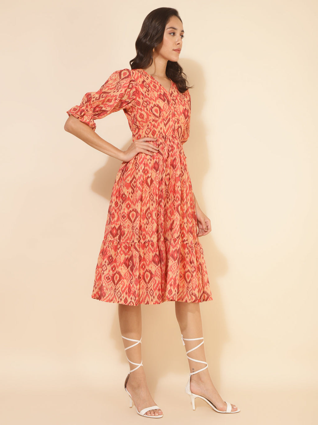 Janasya Women's Mustard Dobby Georgette Ikat Printed Casual Dress | Grocsy