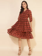 Janasya Women's Brown Dobby Georgette Ikkat Printed Casual Dress | Grocsy