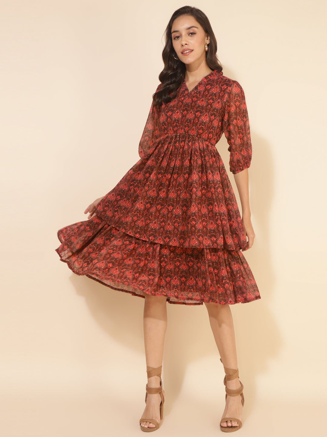 Janasya Women's Brown Dobby Georgette Ikkat Printed Casual Dress | Grocsy