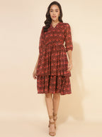 Janasya Women's Brown Dobby Georgette Ikkat Printed Casual Dress | Grocsy