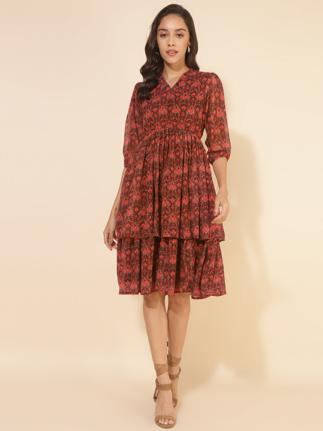 Janasya Women's Brown Dobby Georgette Ikkat Printed Casual Dress | Grocsy
