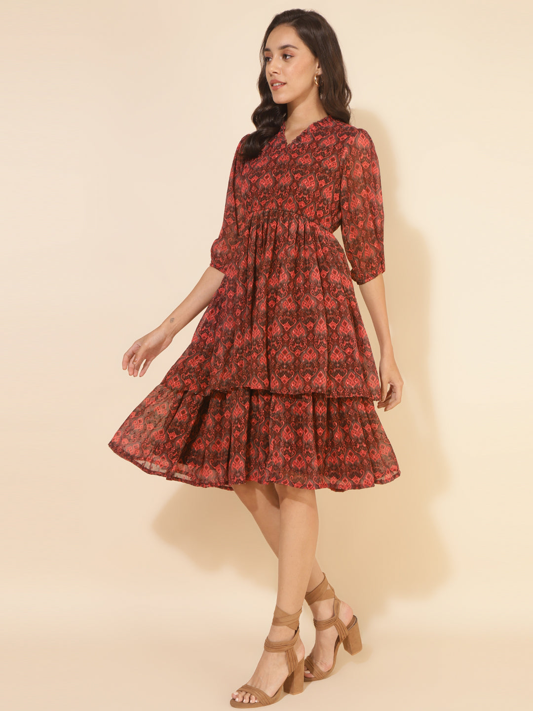 Janasya Women's Brown Dobby Georgette Ikkat Printed Casual Dress | Grocsy