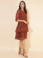 Janasya Women's Brown Dobby Georgette Ikkat Printed Casual Dress | Grocsy