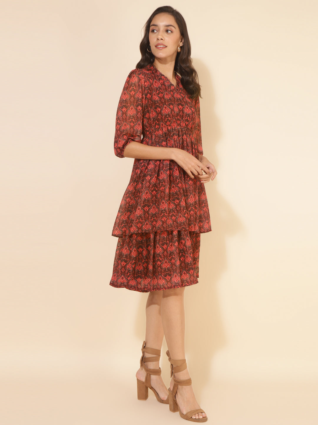 Janasya Women's Brown Dobby Georgette Ikkat Printed Casual Dress | Grocsy