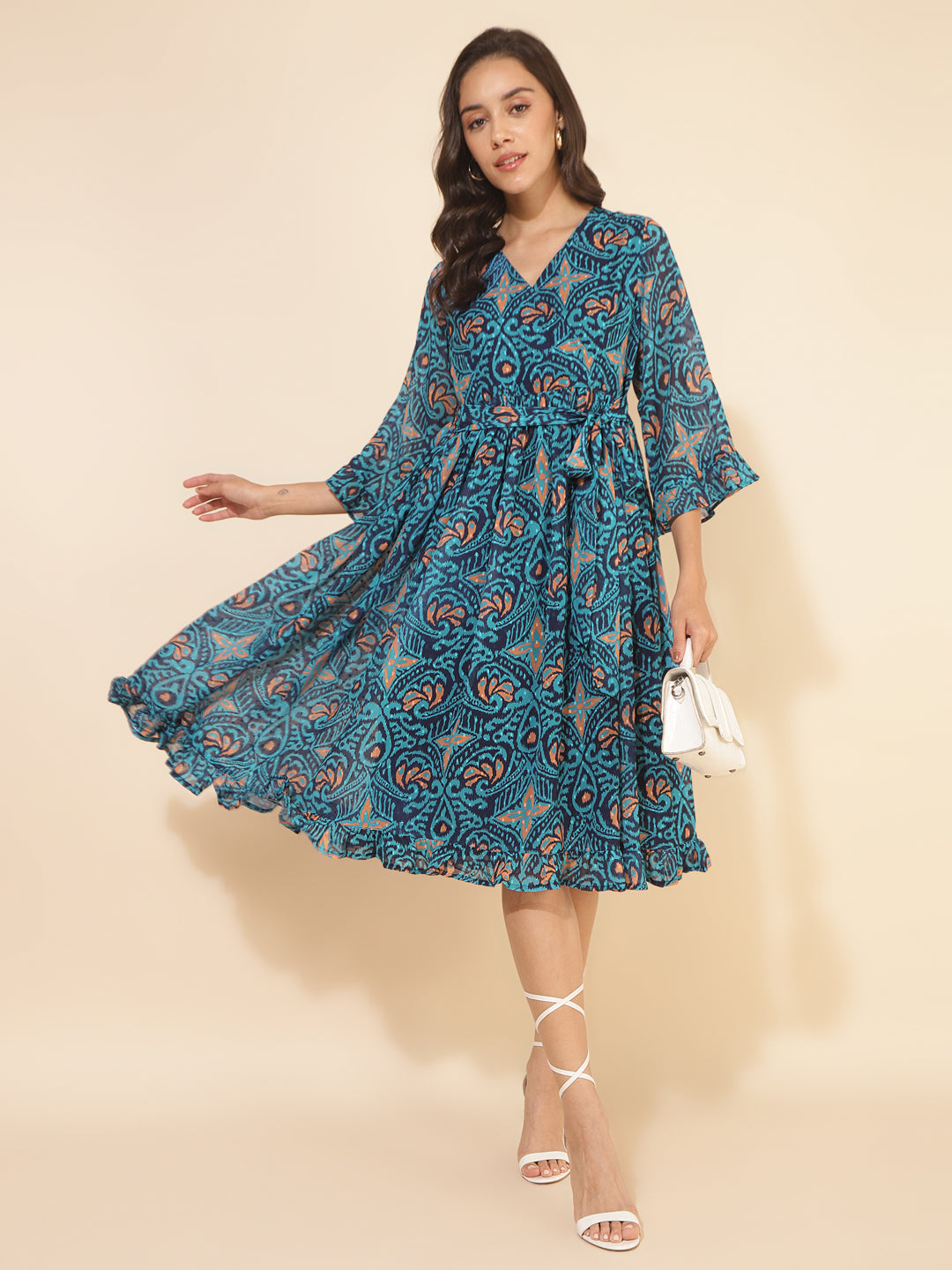 Janasya Women's Blue Dobby Georgette Ikkat Printed Casual Dress | Grocsy