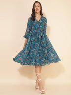 Janasya Women's Blue Dobby Georgette Ikkat Printed Casual Dress | Grocsy