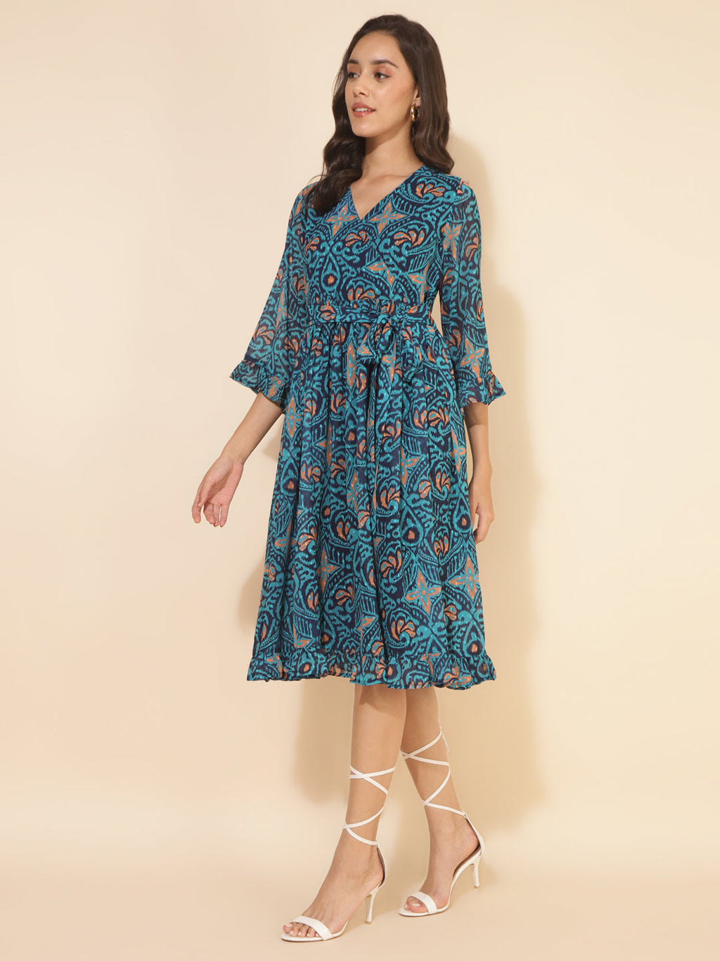 Janasya Women's Blue Dobby Georgette Ikkat Printed Casual Dress | Grocsy