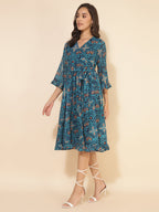 Janasya Women's Blue Dobby Georgette Ikkat Printed Casual Dress | Grocsy
