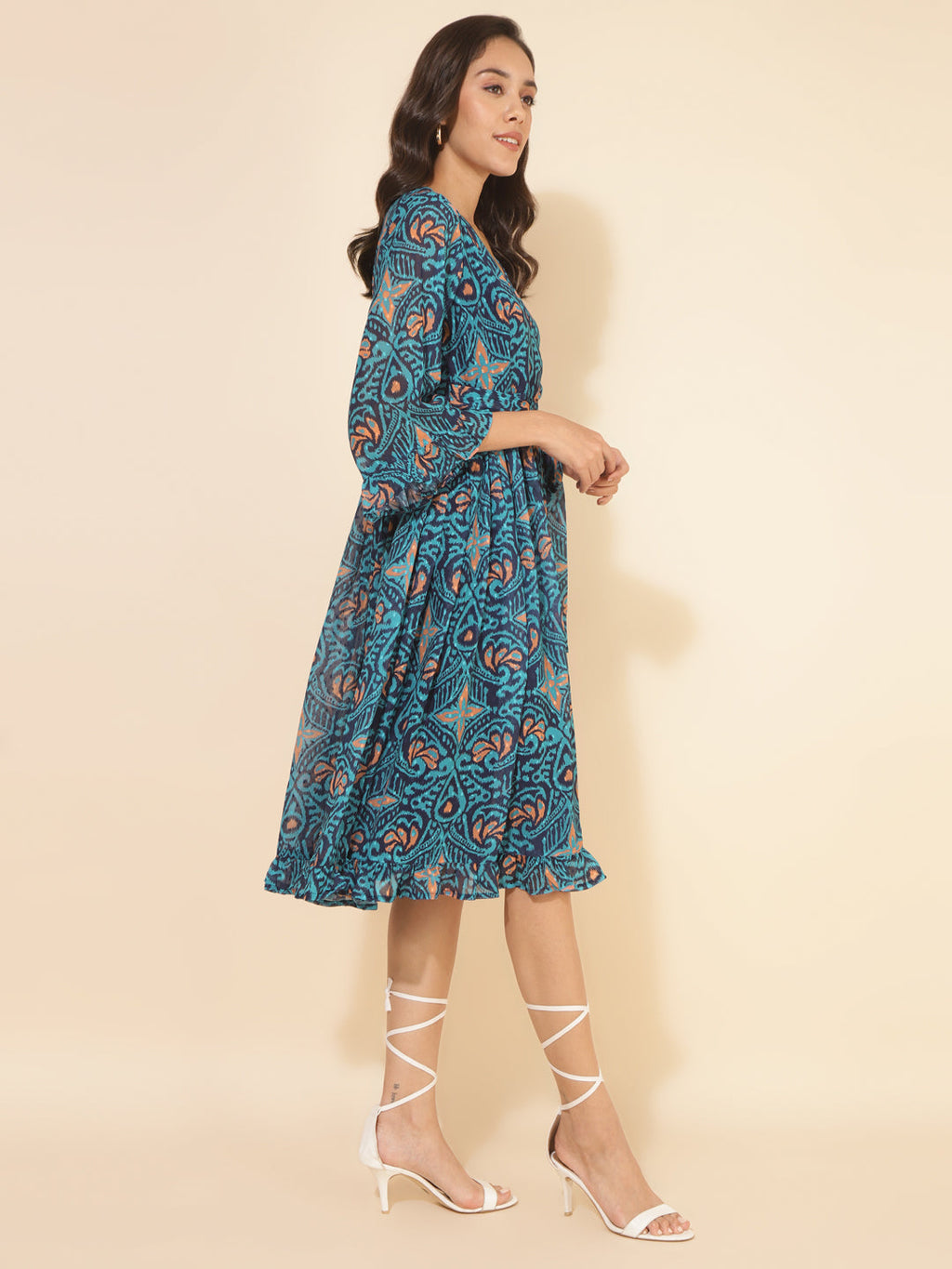 Janasya Women's Blue Dobby Georgette Ikkat Printed Casual Dress | Grocsy