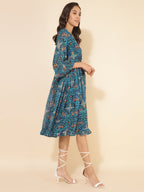 Janasya Women's Blue Dobby Georgette Ikkat Printed Casual Dress | Grocsy