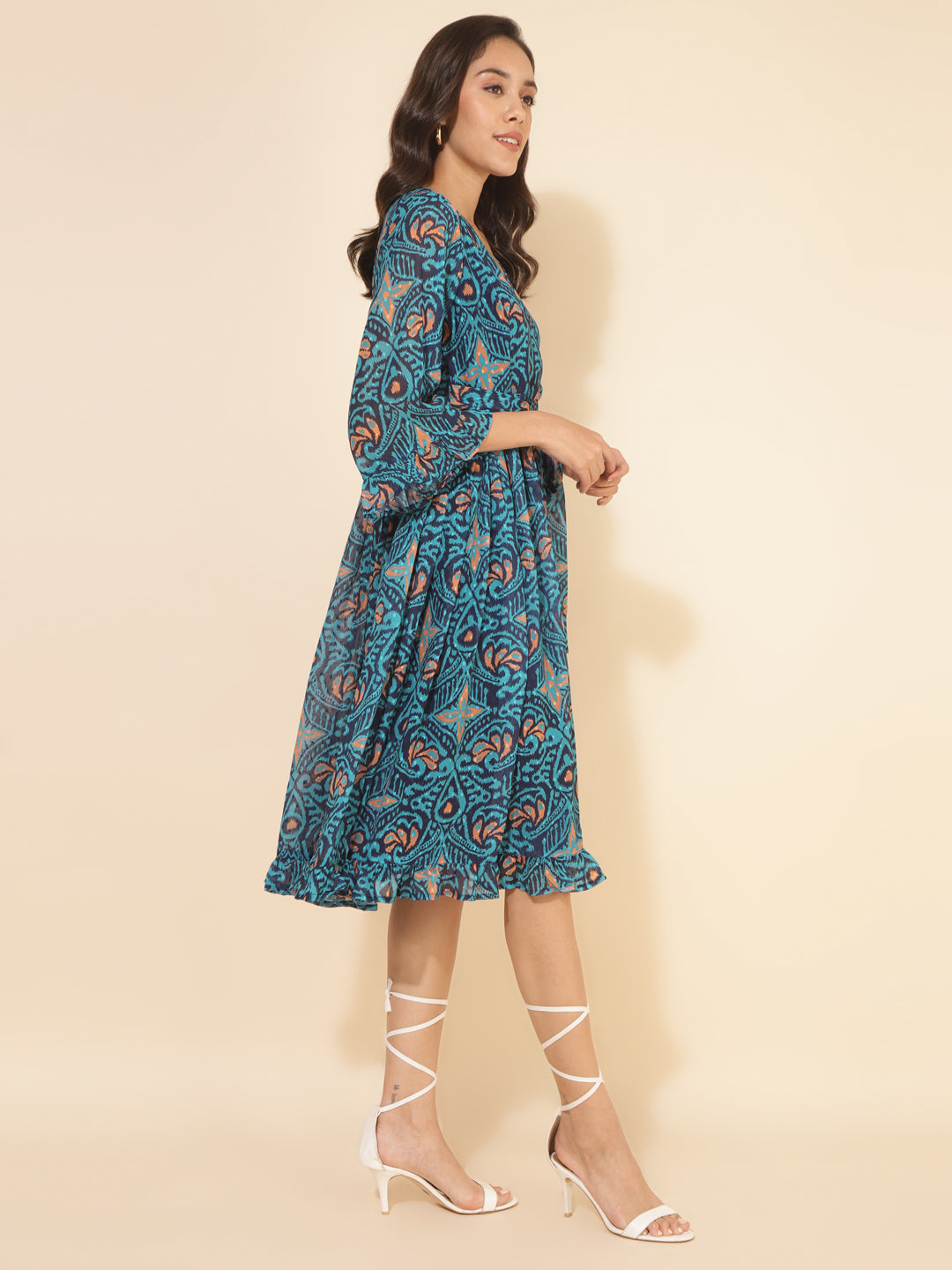 Janasya Women's Blue Dobby Georgette Ikkat Printed Casual Dress | Grocsy
