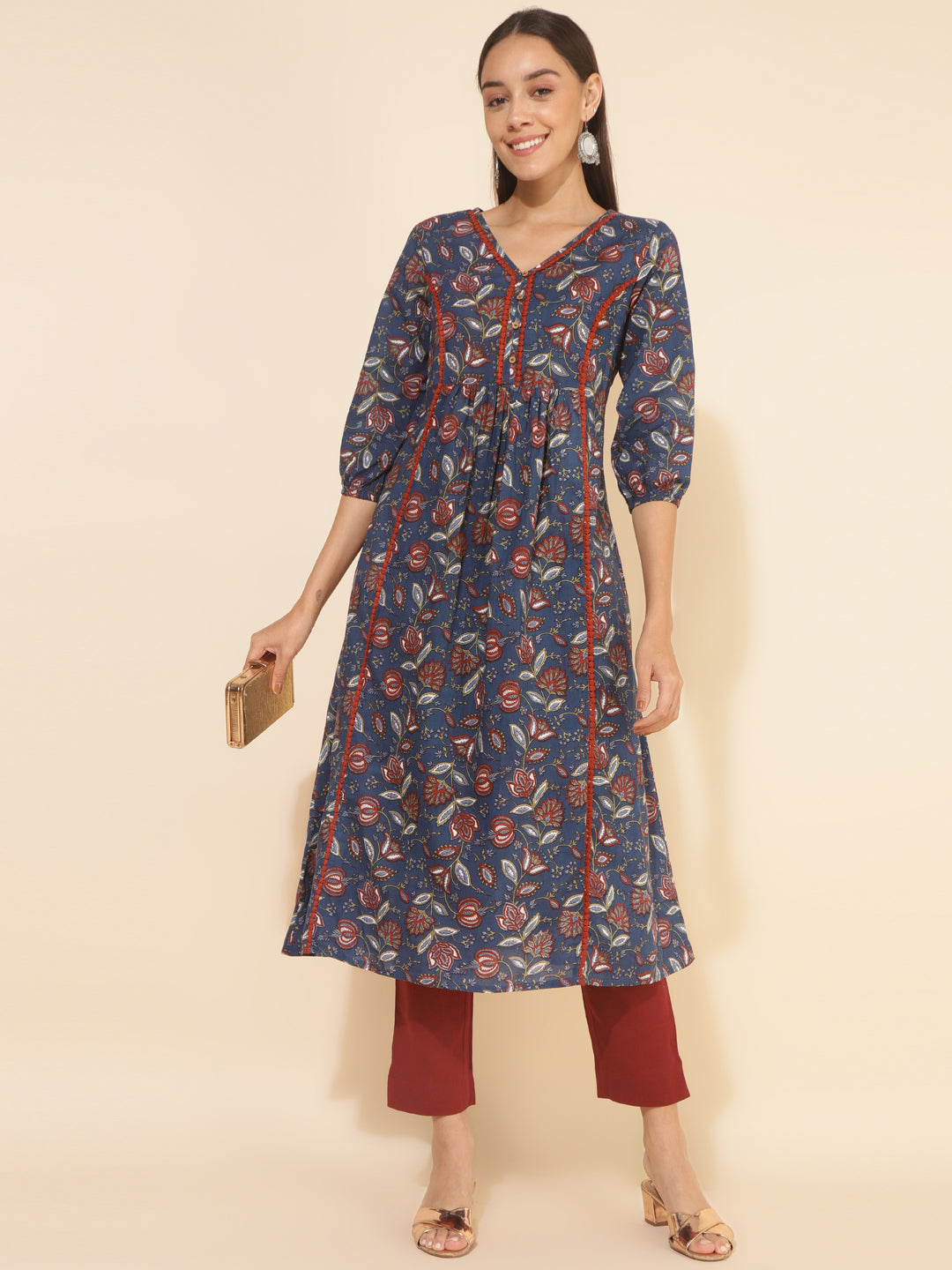 Janasya Blue Cotton Floral Printed Casual Kurta | Grocsy