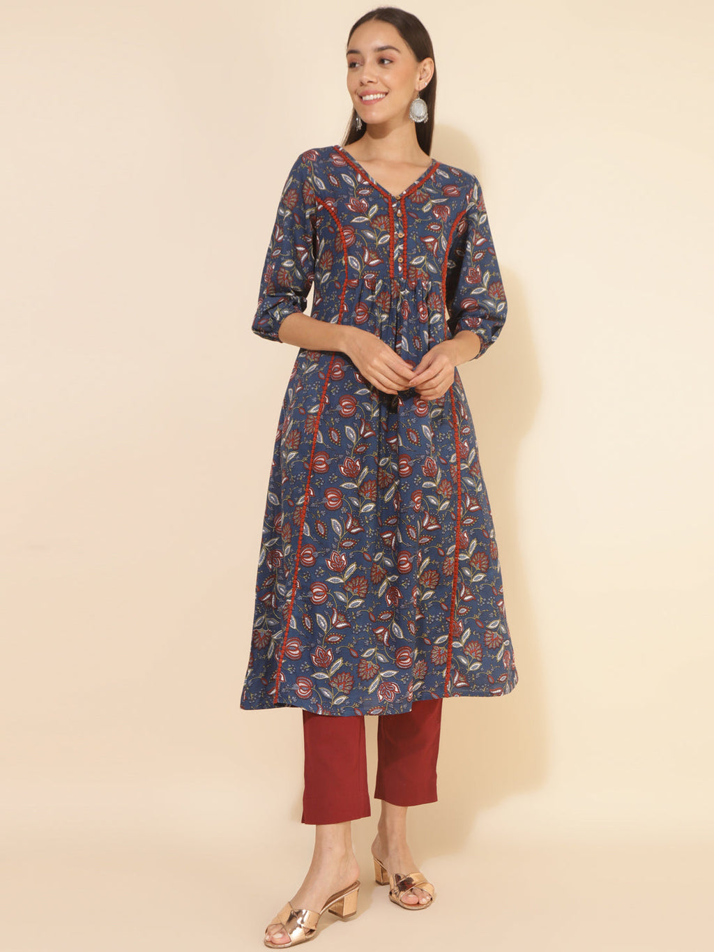 Janasya Blue Cotton Floral Printed Casual Kurta | Grocsy