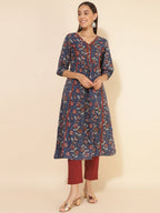 Janasya Blue Cotton Floral Printed Casual Kurta | Grocsy