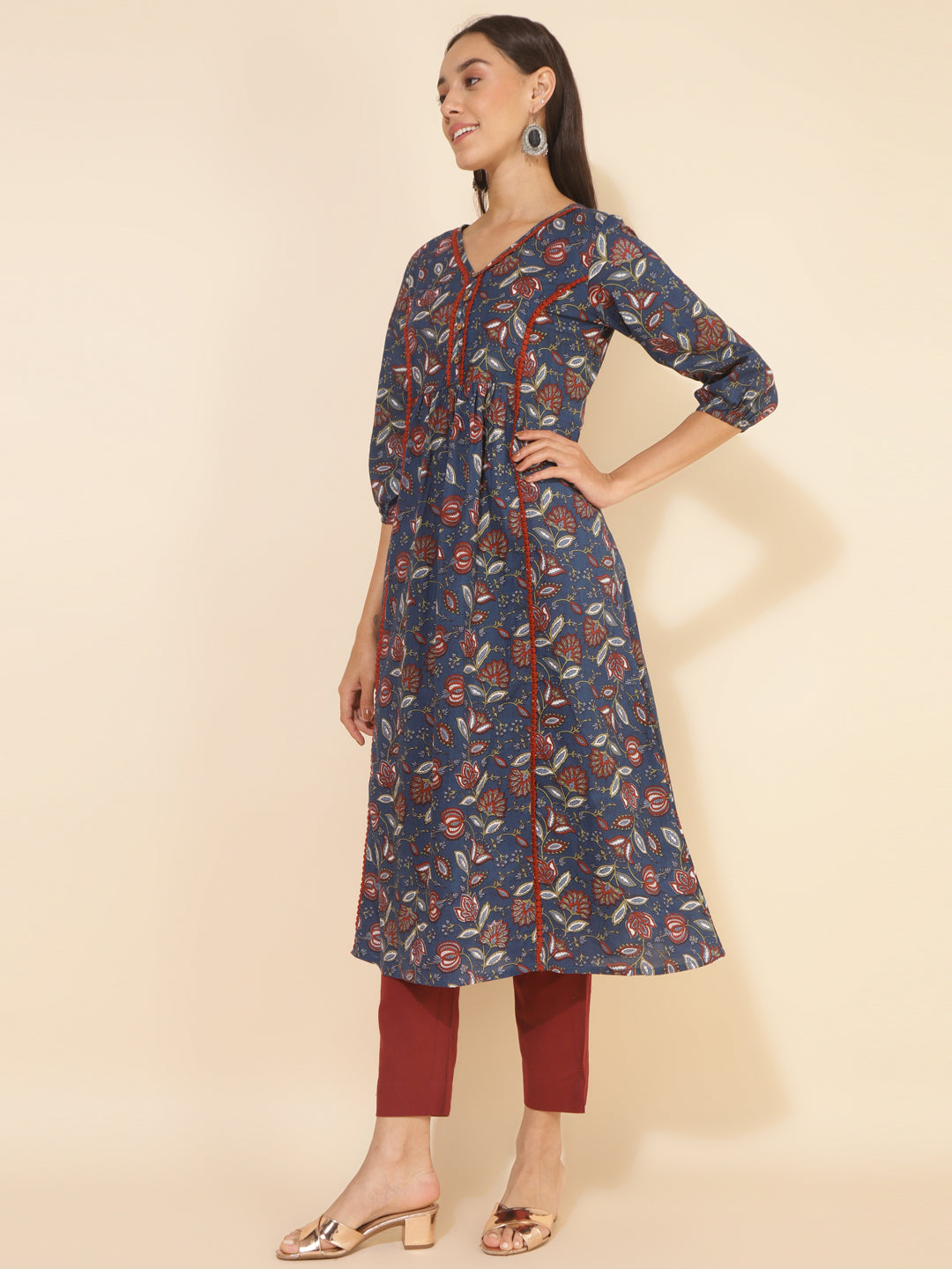 Janasya Blue Cotton Floral Printed Casual Kurta | Grocsy