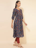 Janasya Blue Cotton Floral Printed Casual Kurta | Grocsy
