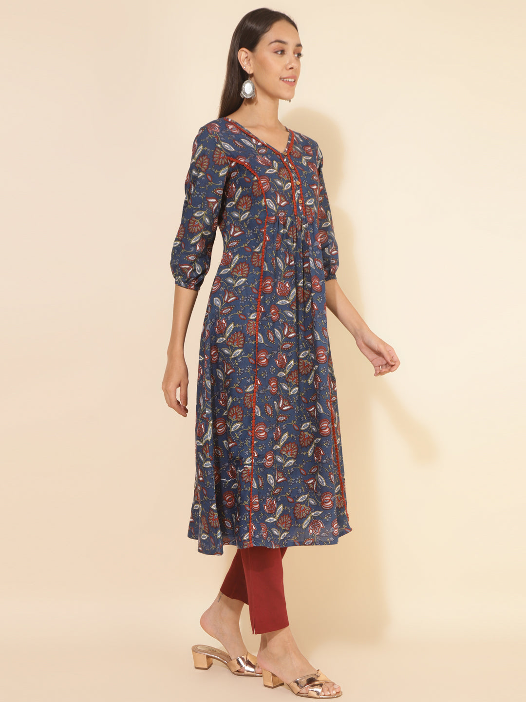Janasya Blue Cotton Floral Printed Casual Kurta | Grocsy