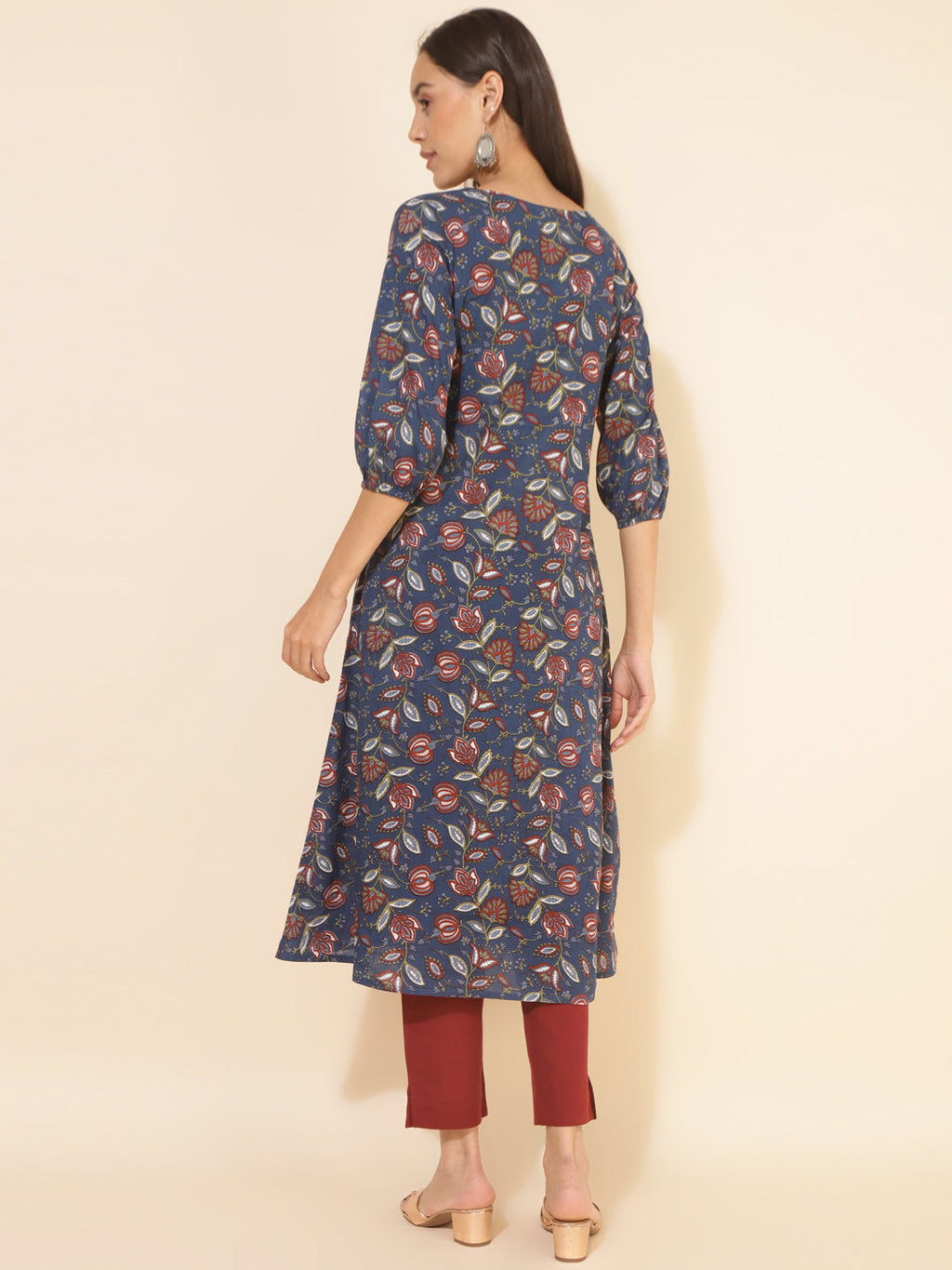 Janasya Blue Cotton Floral Printed Casual Kurta | Grocsy