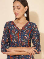 Janasya Blue Cotton Floral Printed Casual Kurta | Grocsy