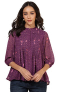 Janasya Purple Dobby Georgette Floral Print Casual A-Line Top | Grocsy