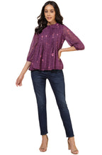 Janasya Purple Dobby Georgette Floral Print Casual A-Line Top | Grocsy