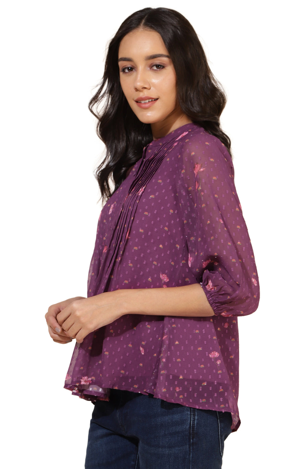 Janasya Purple Dobby Georgette Floral Print Casual A-Line Top | Grocsy