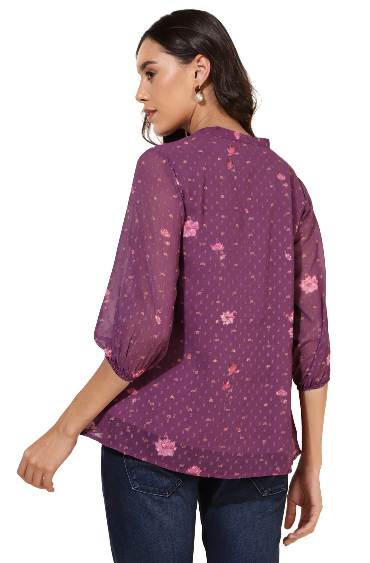 Janasya Purple Dobby Georgette Floral Print Casual A-Line Top | Grocsy