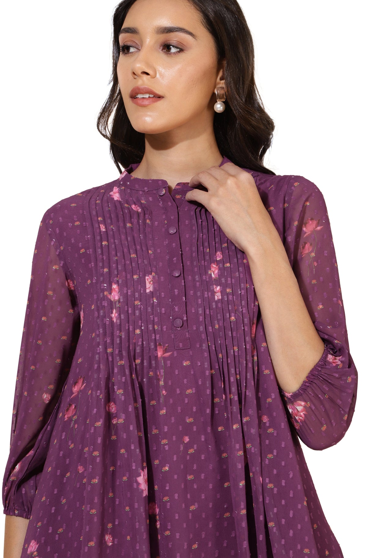 Janasya Purple Dobby Georgette Floral Print Casual A-Line Top | Grocsy
