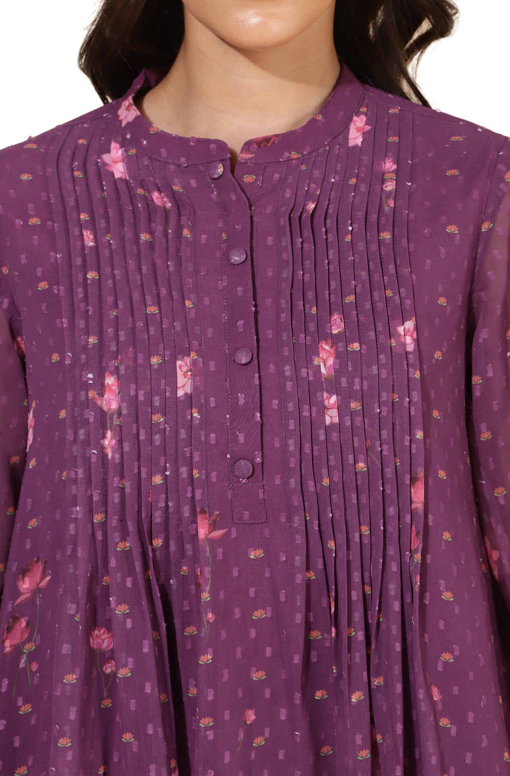 Janasya Purple Dobby Georgette Floral Print Casual A-Line Top | Grocsy