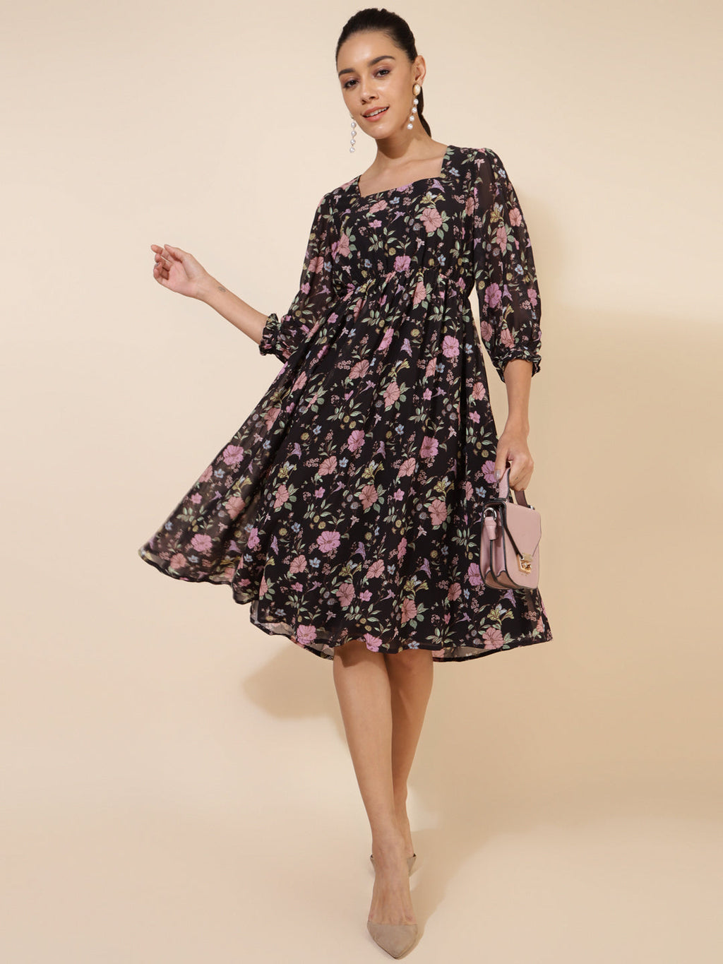 Janasya Women's Black Georgette Floral Printed Casual Dress | Grocsy