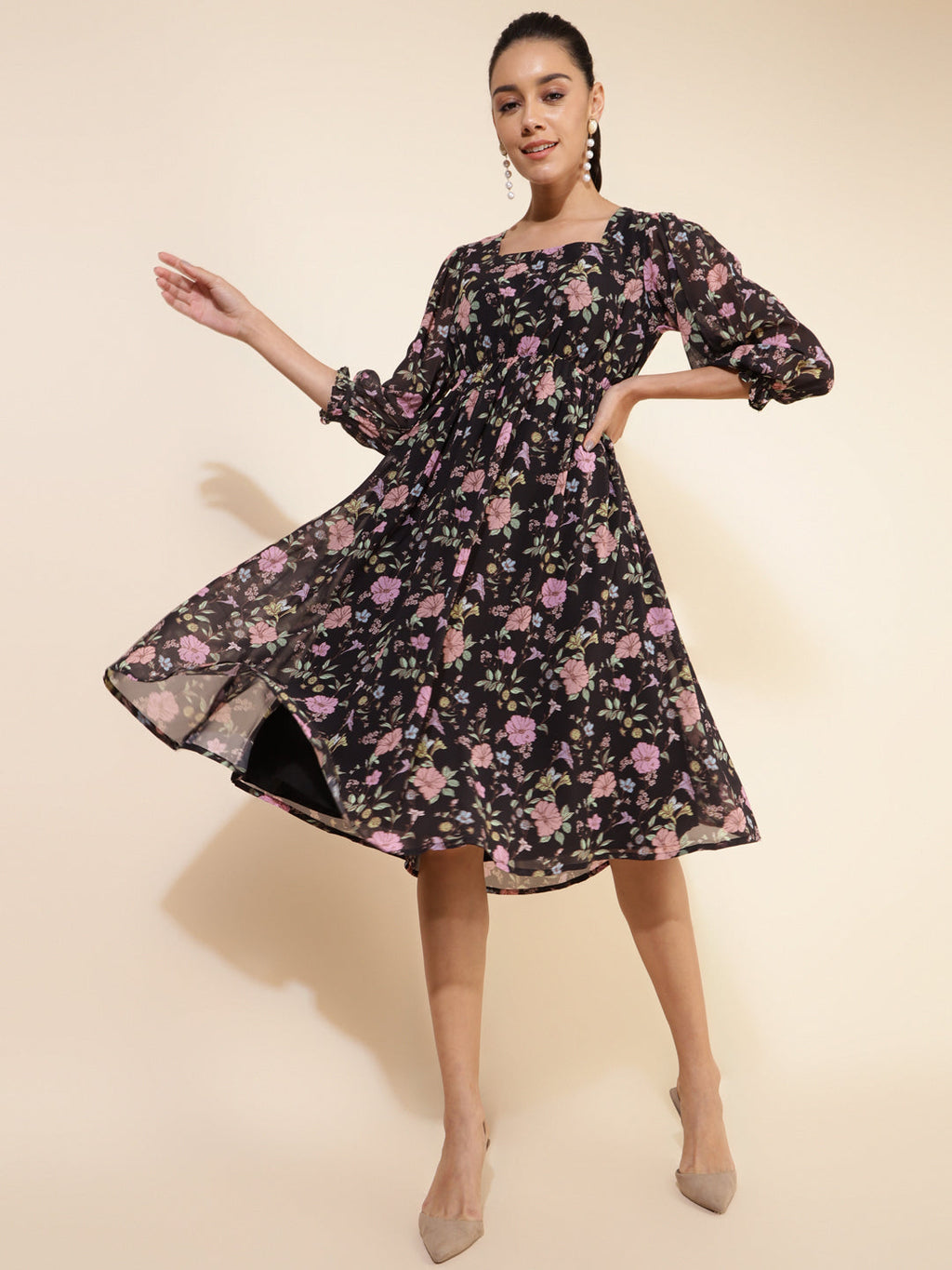 Janasya Women's Black Georgette Floral Printed Casual Dress | Grocsy