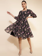 Janasya Women's Black Georgette Floral Printed Casual Dress | Grocsy