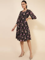 Janasya Women's Black Georgette Floral Printed Casual Dress | Grocsy
