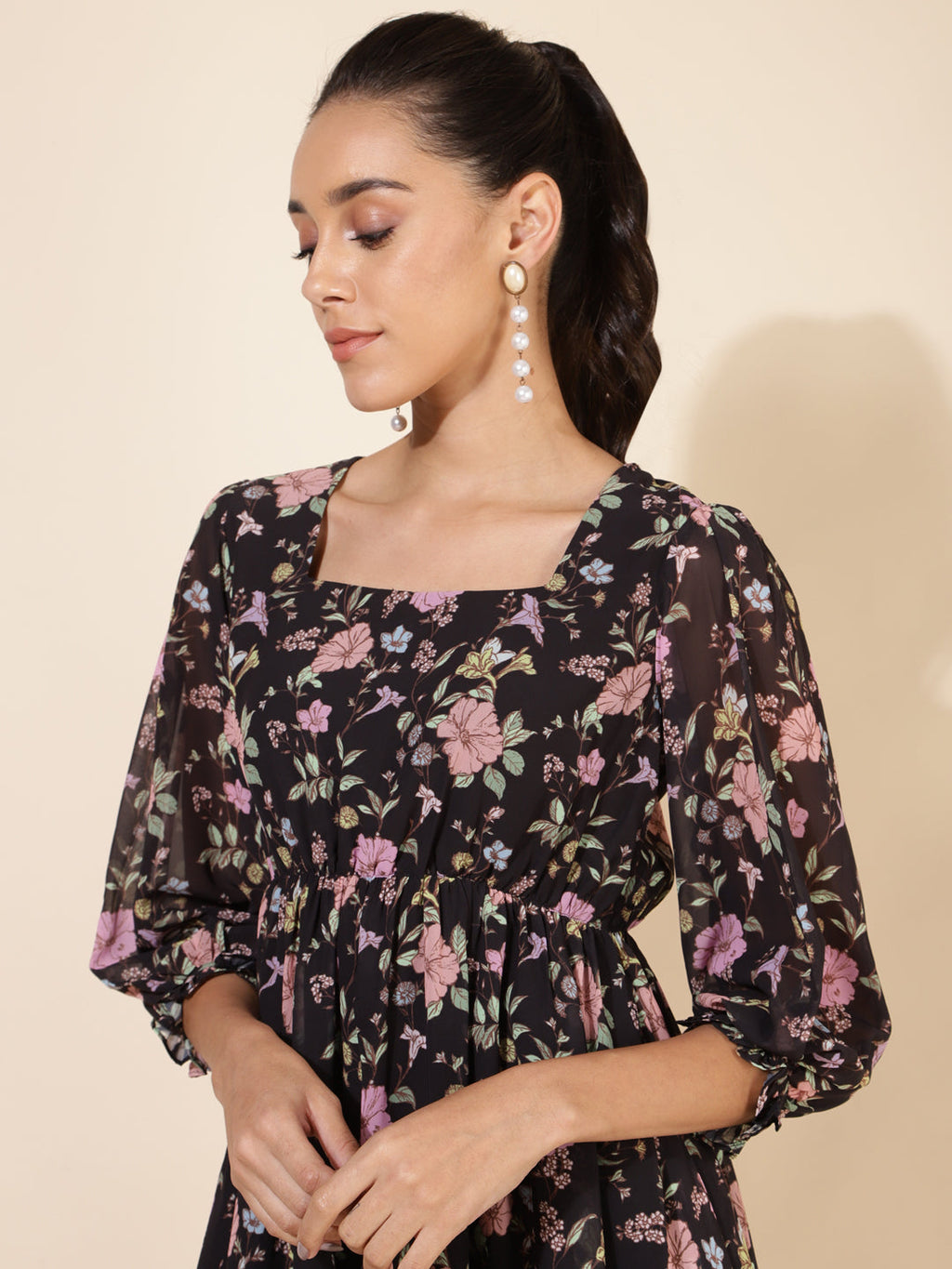 Janasya Women's Black Georgette Floral Printed Casual Dress | Grocsy