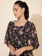 Janasya Women's Black Georgette Floral Printed Casual Dress | Grocsy