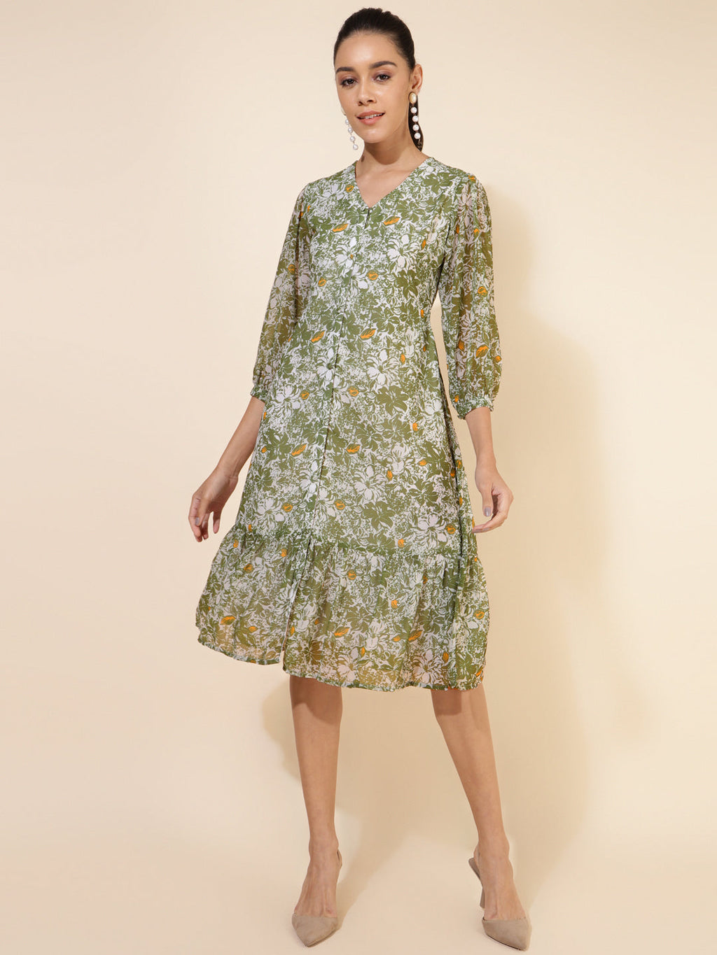 Janasya Olive Georgette Floral Printed A-Line Casual Dress | Grocsy