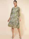 Janasya Olive Georgette Floral Printed A-Line Casual Dress | Grocsy