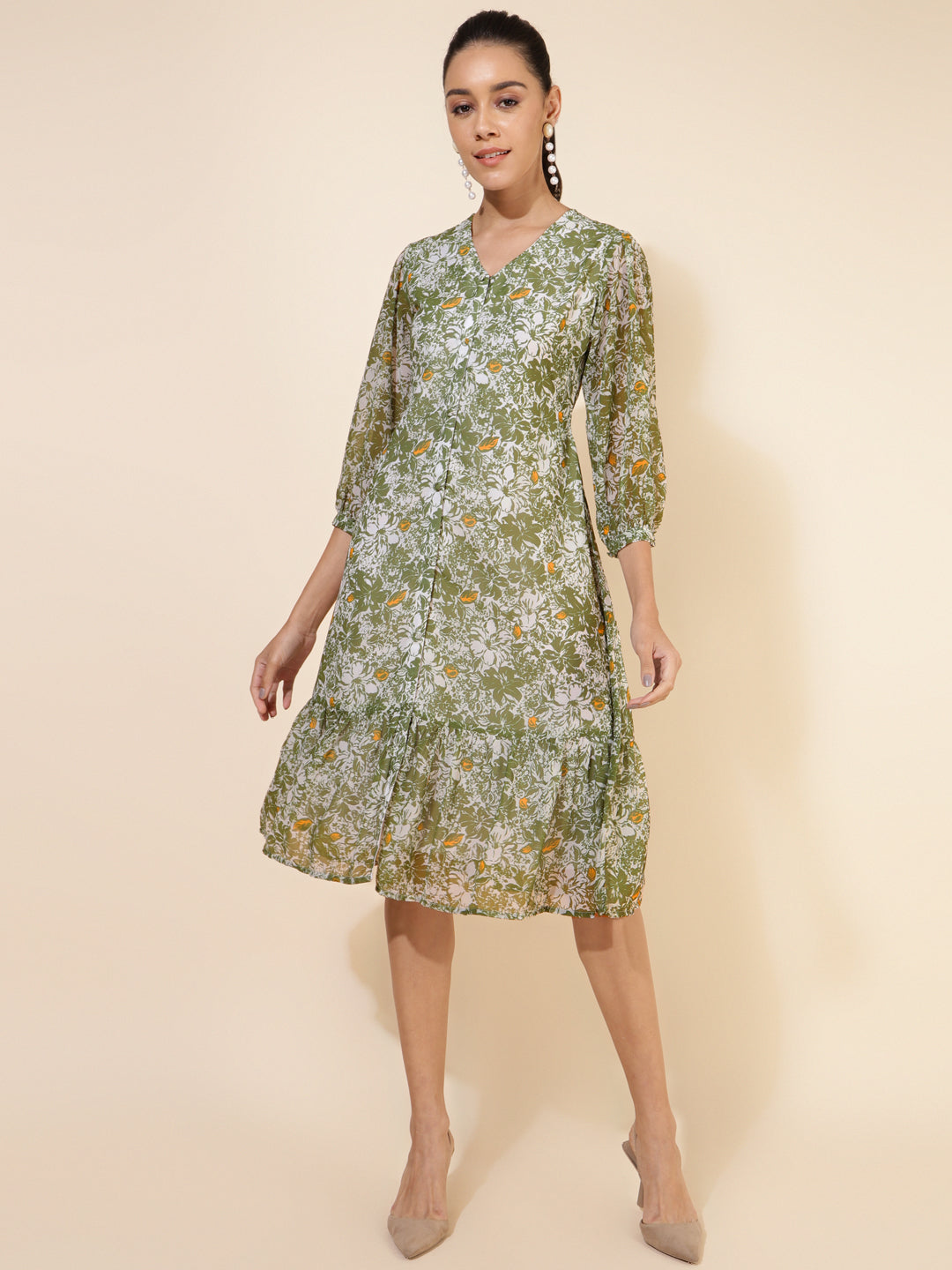 Janasya Olive Georgette Floral Printed A-Line Casual Dress | Grocsy