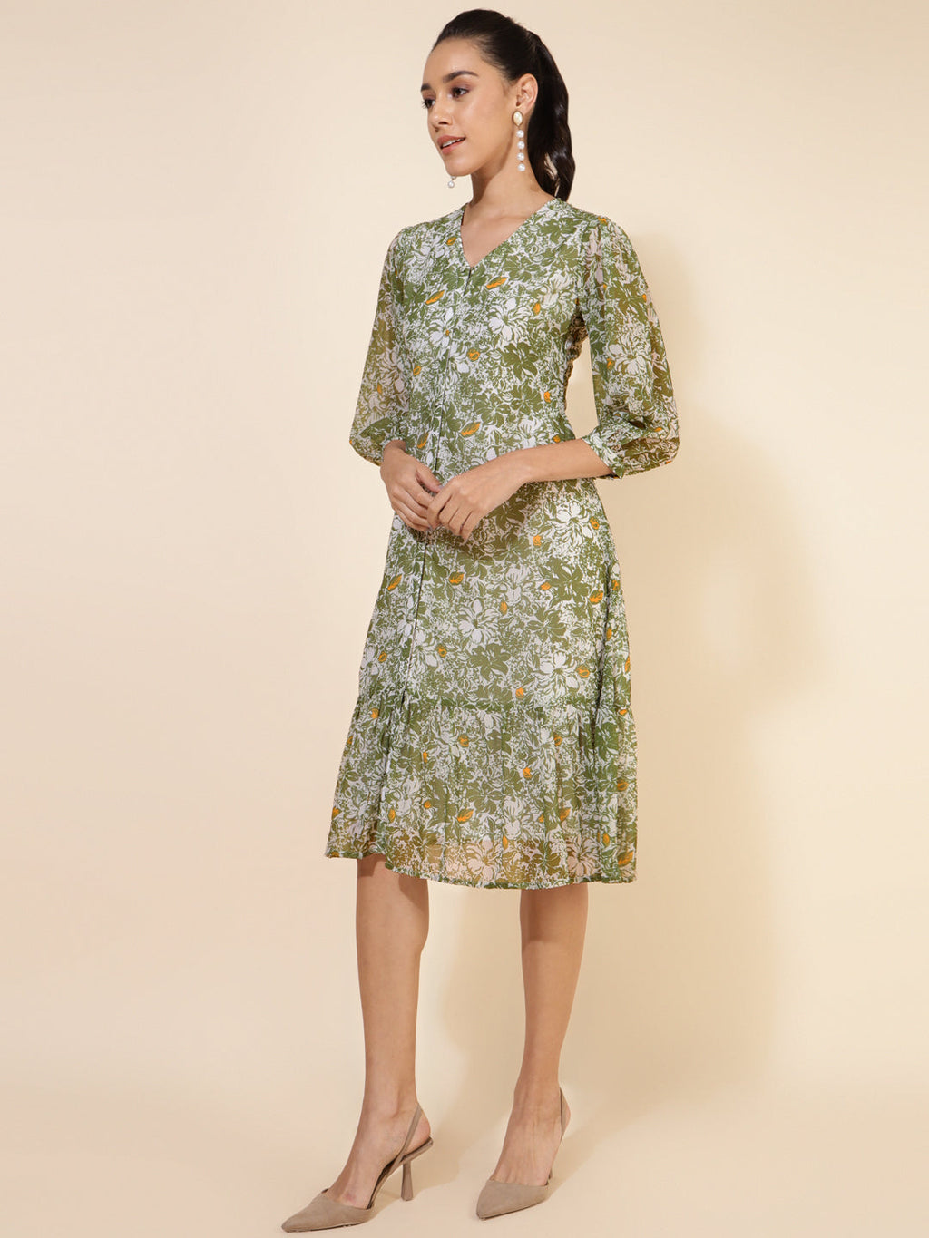 Janasya Olive Georgette Floral Printed A-Line Casual Dress | Grocsy