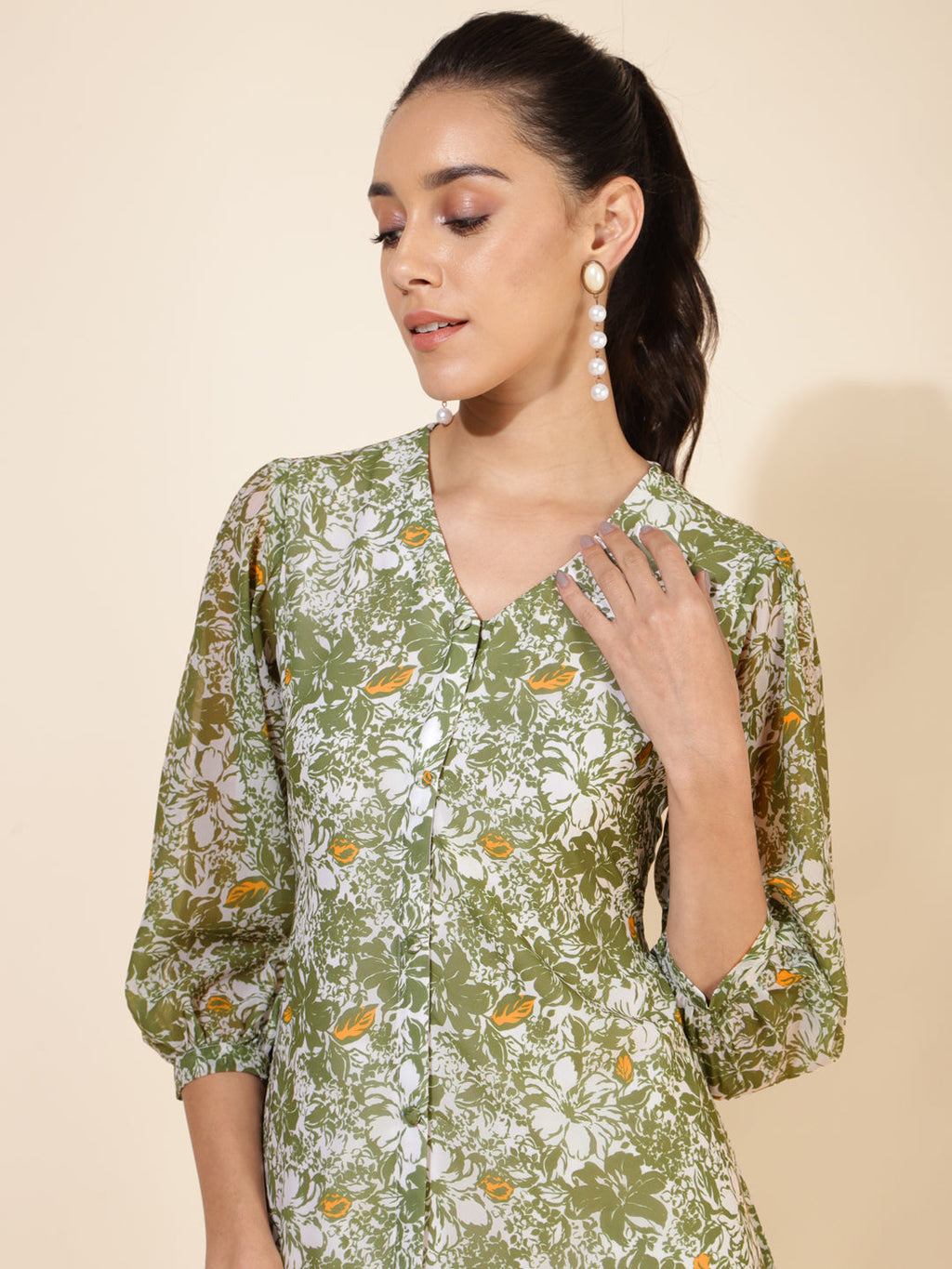 Janasya Olive Georgette Floral Printed A-Line Casual Dress | Grocsy