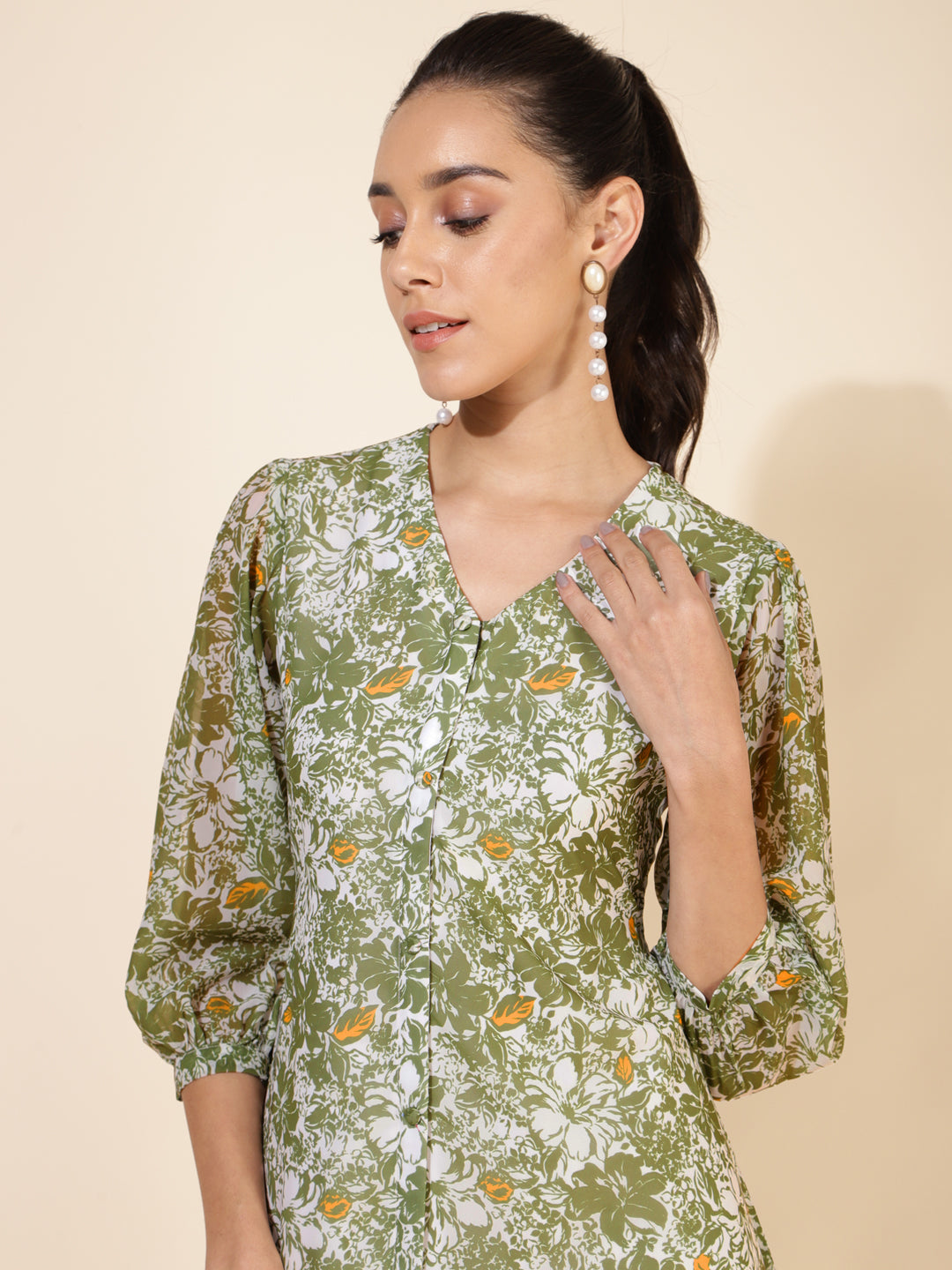 Janasya Olive Georgette Floral Printed A-Line Casual Dress | Grocsy