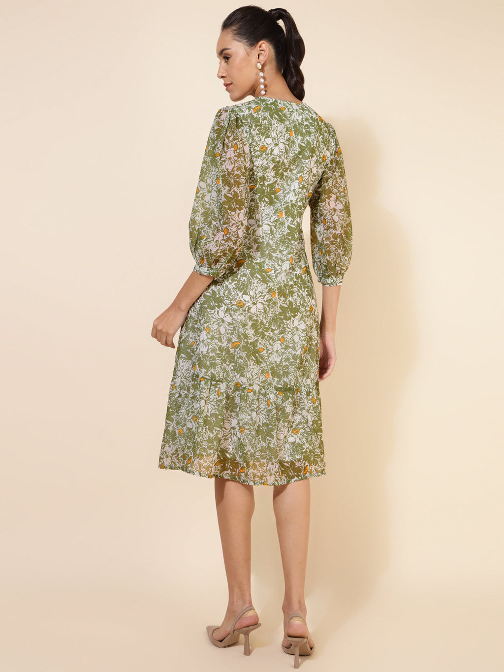 Janasya Olive Georgette Floral Printed A-Line Casual Dress | Grocsy