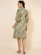Janasya Olive Georgette Floral Printed A-Line Casual Dress | Grocsy
