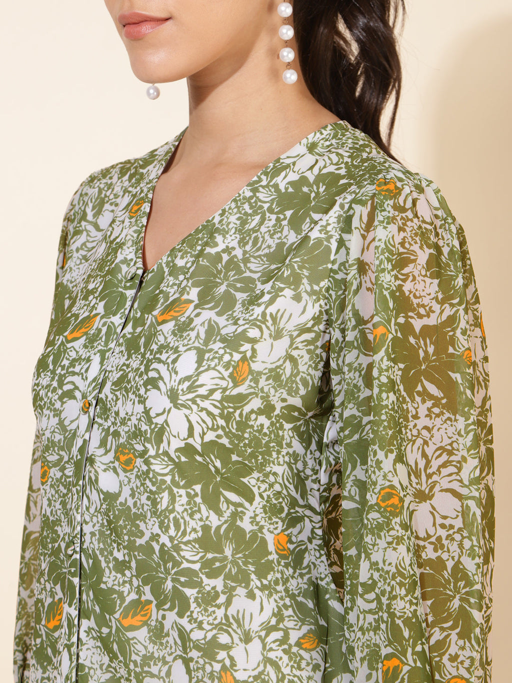 Janasya Olive Georgette Floral Printed A-Line Casual Dress | Grocsy